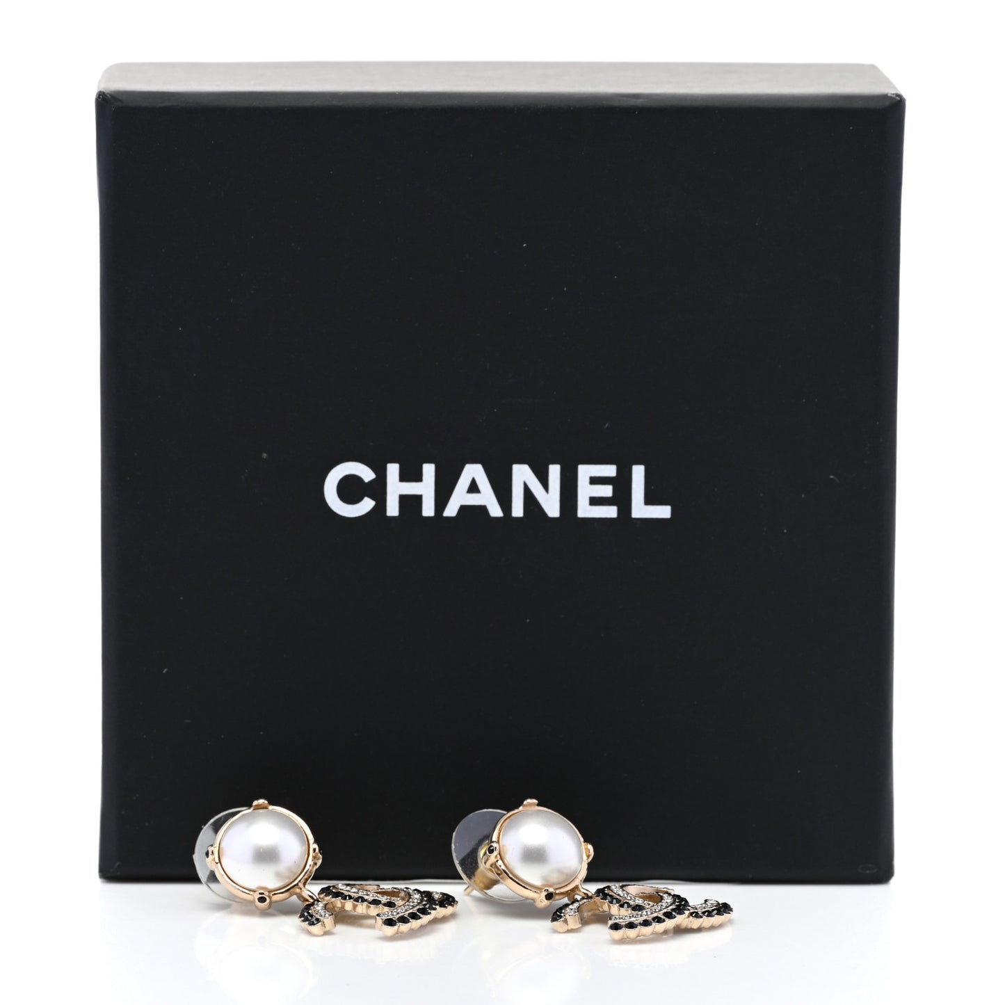 Pearl Crystal CC Drop Earrings Black Gold
