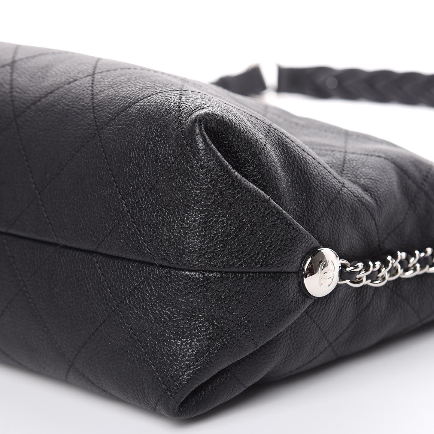 Grained Calfskin Stitched Medium Braided With Style Hobo Black
