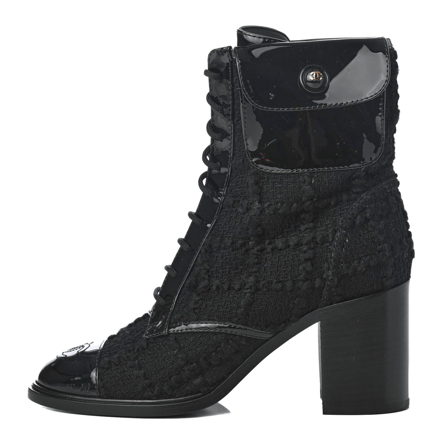 Chanel Tweed Patent Calfskin Lace Up Short Boots 36 Black 1 of 10
