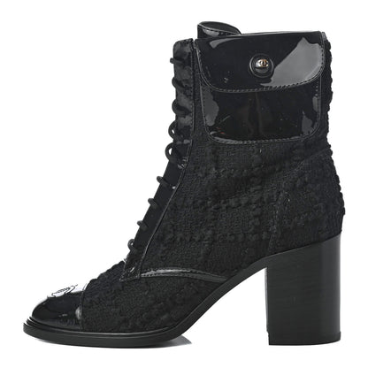 Chanel Tweed Patent Calfskin Lace Up Short Boots 36 Black 1 of 10