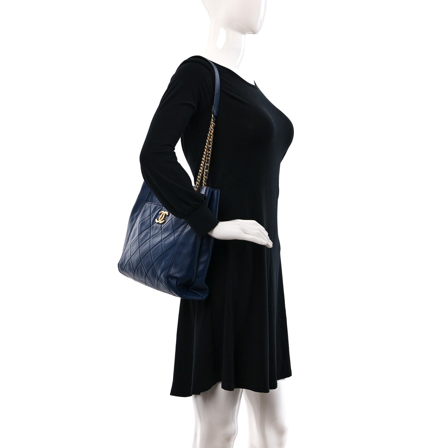 Calfskin Quilted CC Front Pocket Shopping Tote Navy