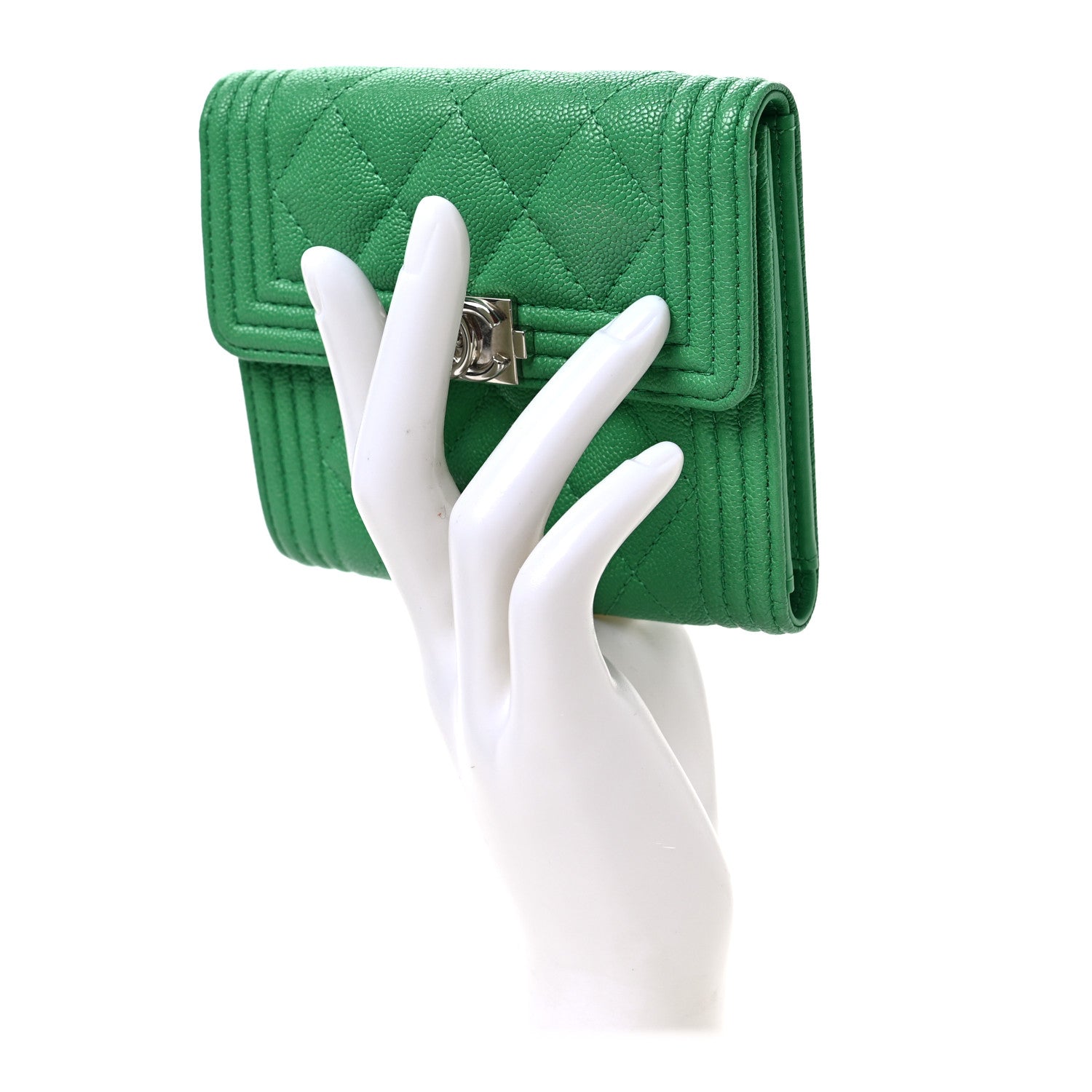 Chanel Caviar Quilted Compact Boy Wallet Green 2 of 7
