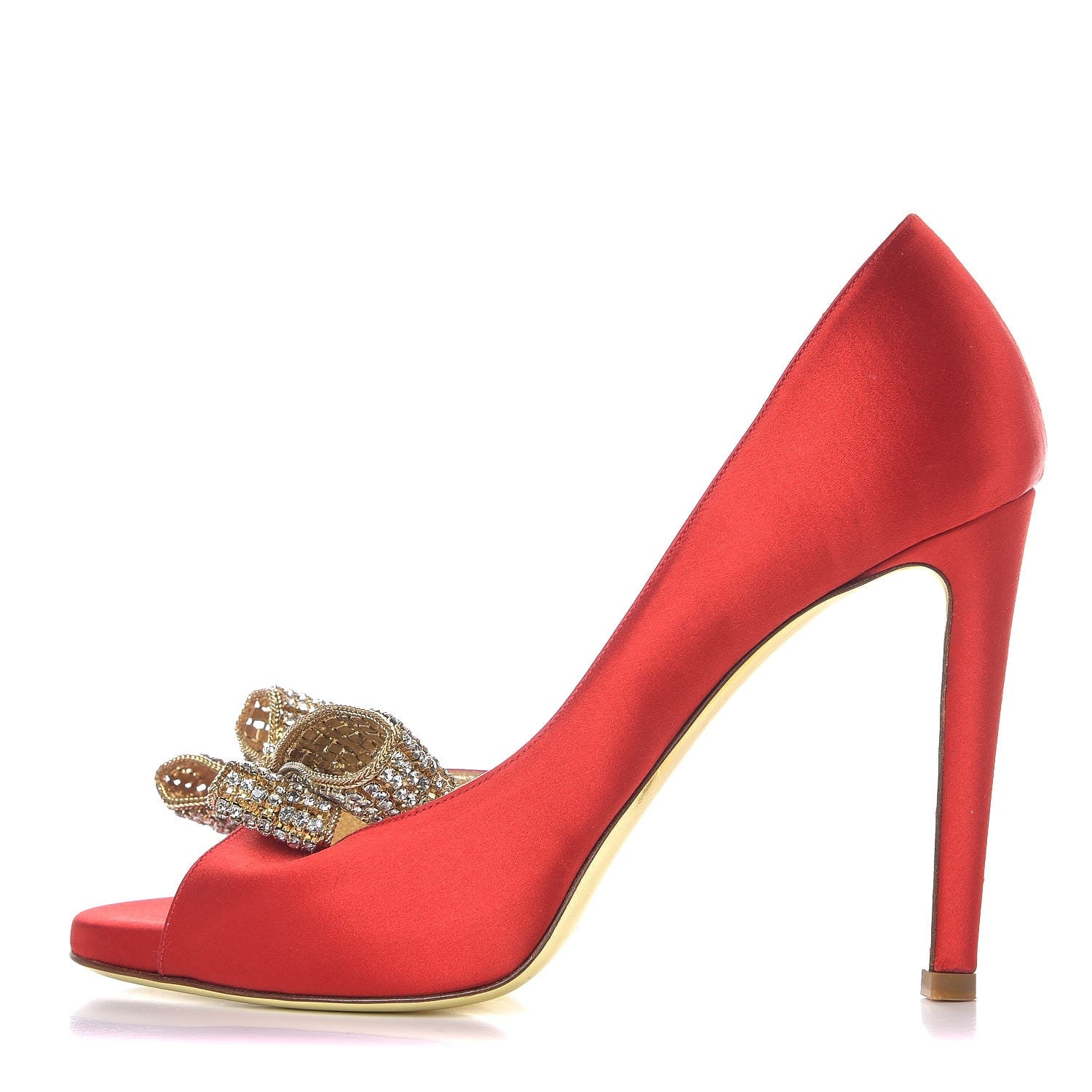 Valentino Garavani Satin Crystal Couture Bow Peep Toe d'Orsay High Heel Pumps 38 Red 1 of 11
