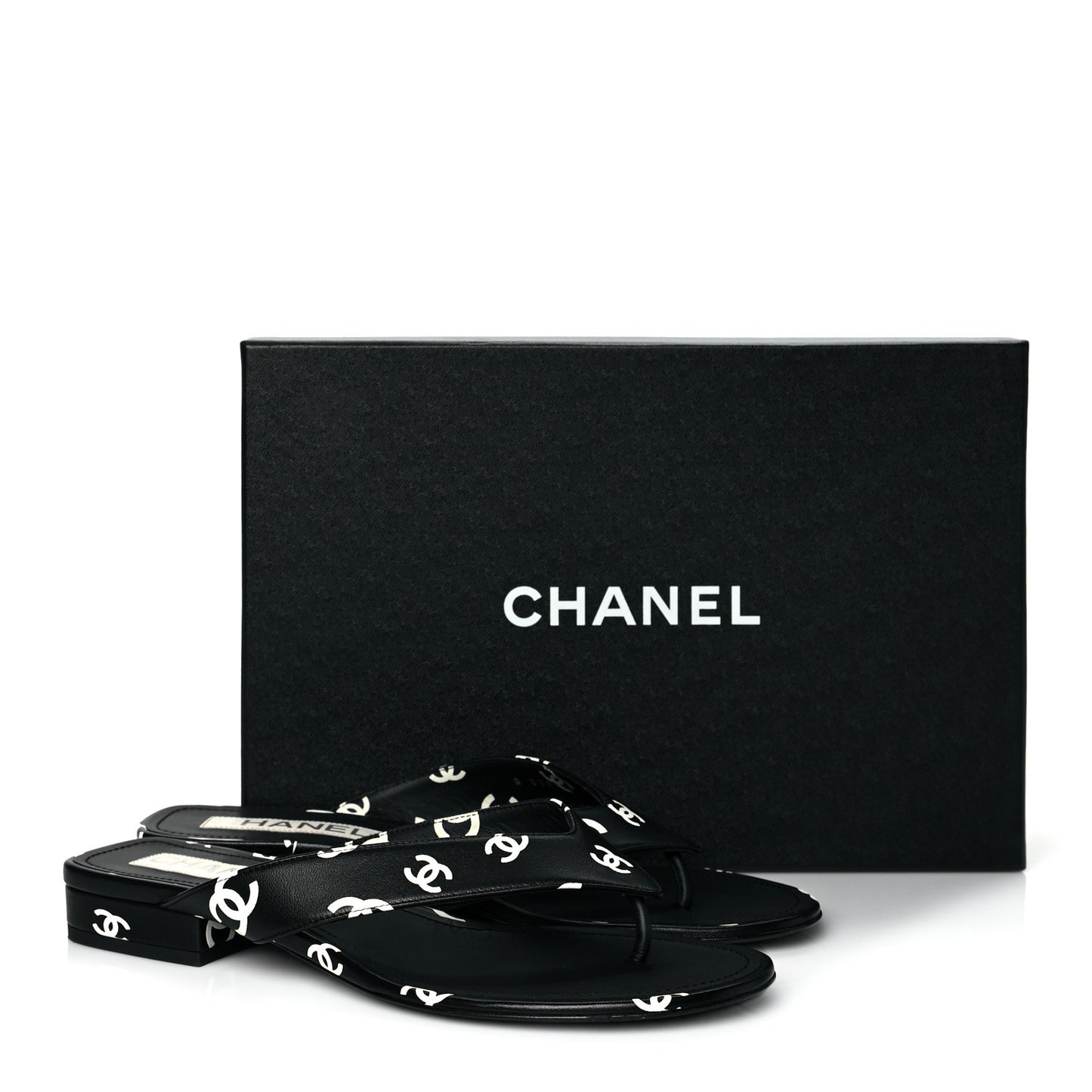 Lambskin Printed CC Thong Sandals 39.5 Black White