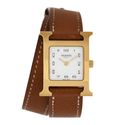 Hermes Stainless Steel Epsom 21mm Heure H Hour Double Tour Quartz Watch Gold 1 of 6