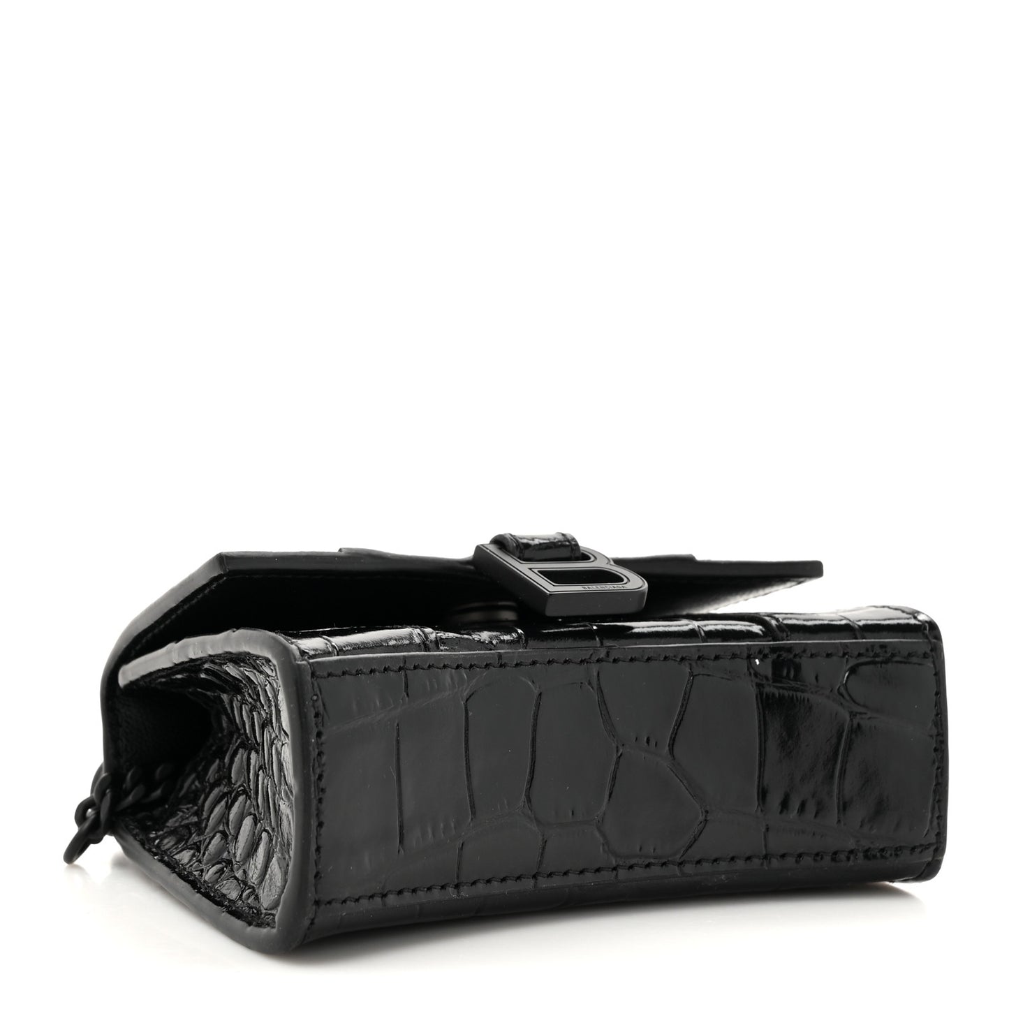 Shiny Calfskin Monochrome Crocodile Embossed Hourglass Top Handle Bag Mini with Chain Black