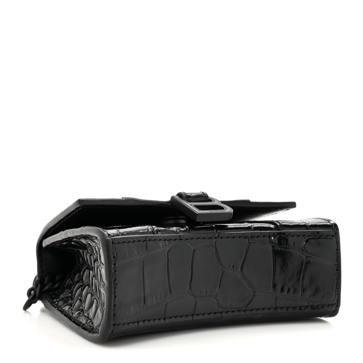 Balenciaga Shiny Calfskin Monochrome Crocodile Embossed Hourglass Top Handle Bag Mini with Chain Black 4 of 11