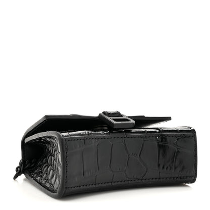 Balenciaga Shiny Calfskin Monochrome Crocodile Embossed Hourglass Top Handle Bag Mini with Chain Black 4 of 11