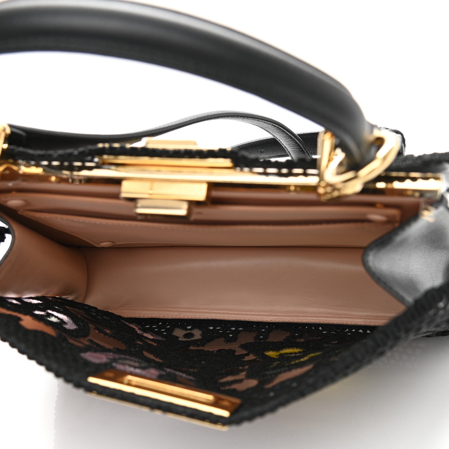 Fendi Calfskin Lace Medium Peekaboo I SEE U Satchel Black Multicolor Light Rose 5 of 12