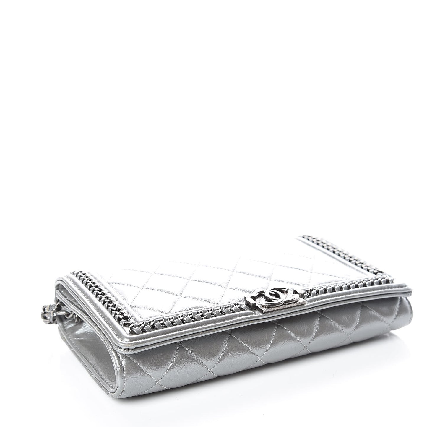 Metallic Calfskin Quilted Chain Around Boy Wallet On Removable Chain WOC Silver