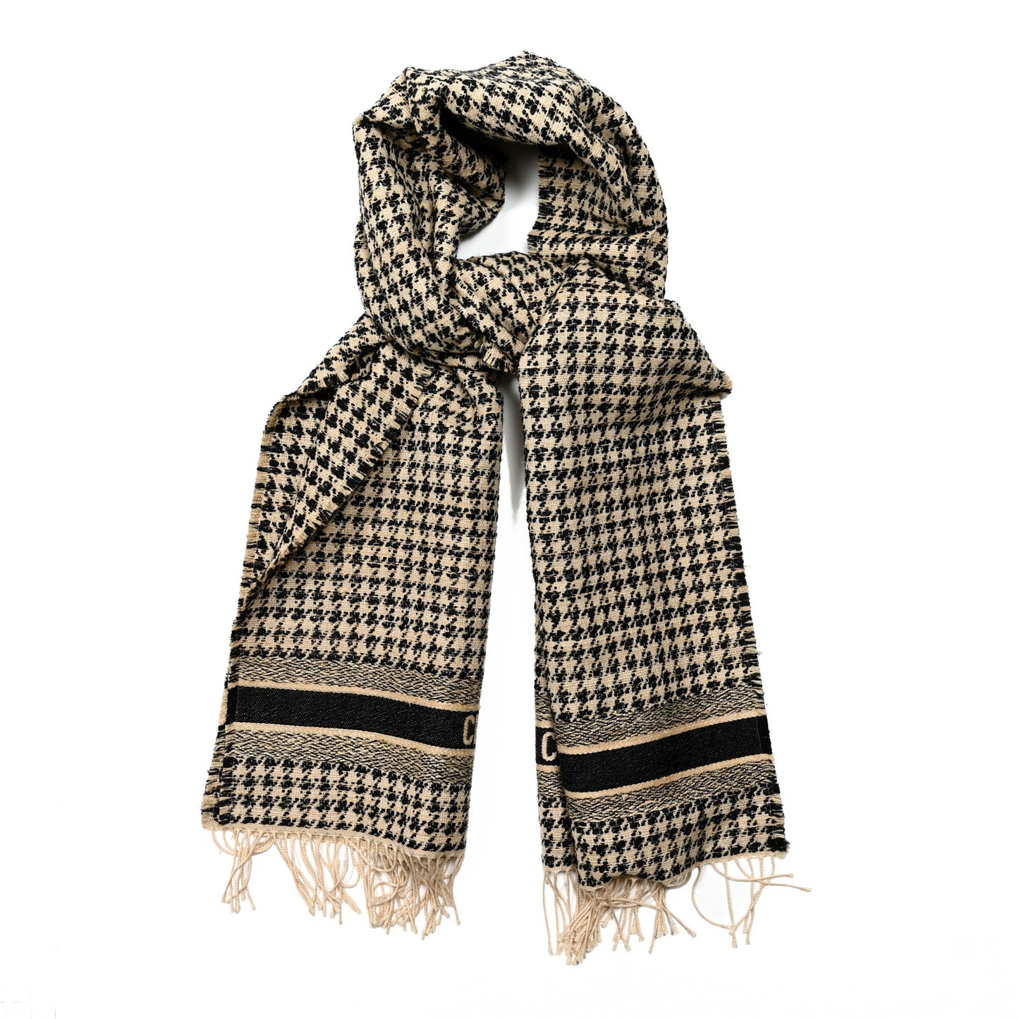 Wool Silk Houndstooth Fringe Scarf Beige Black