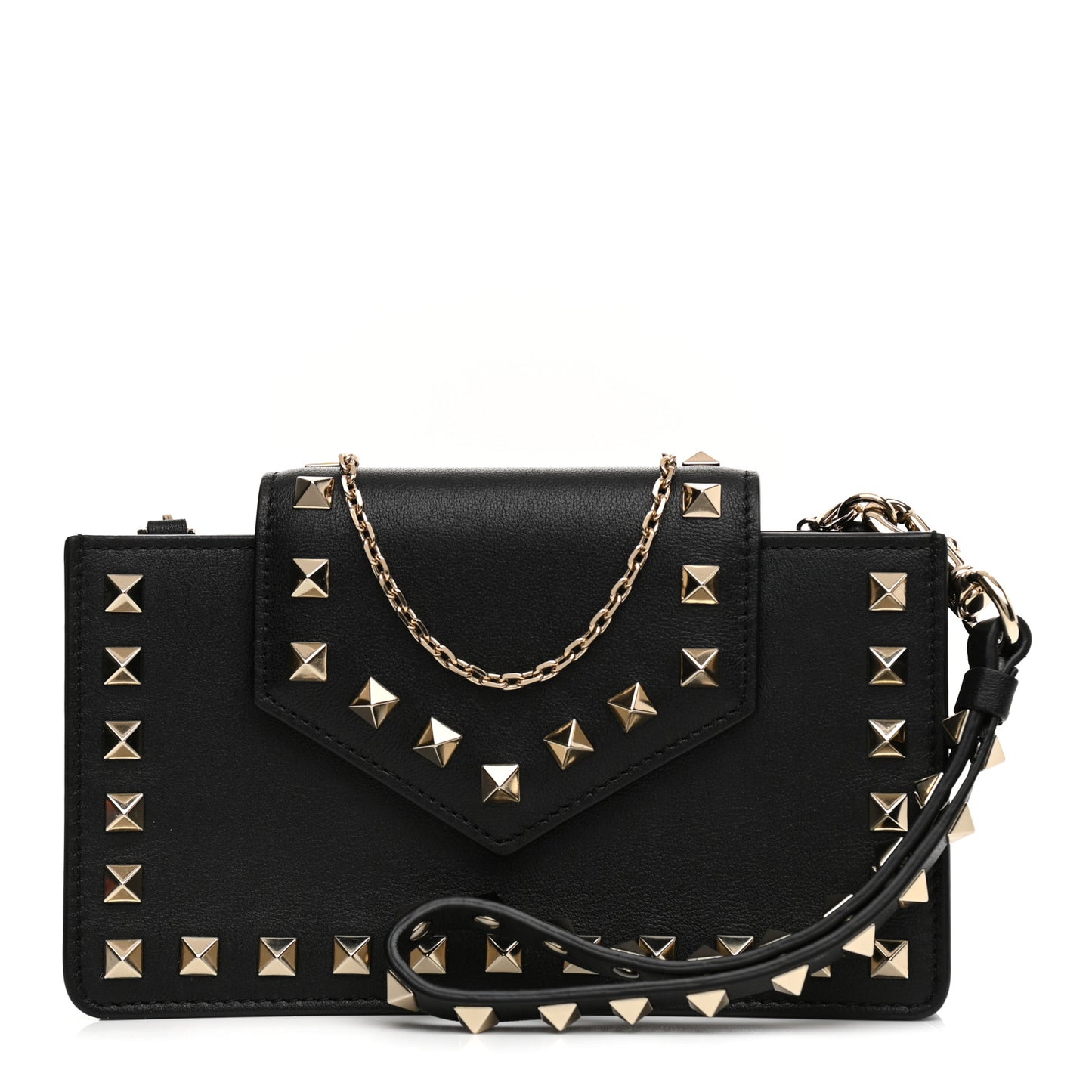Calfskin Rockstud Phone Case With Chain Black