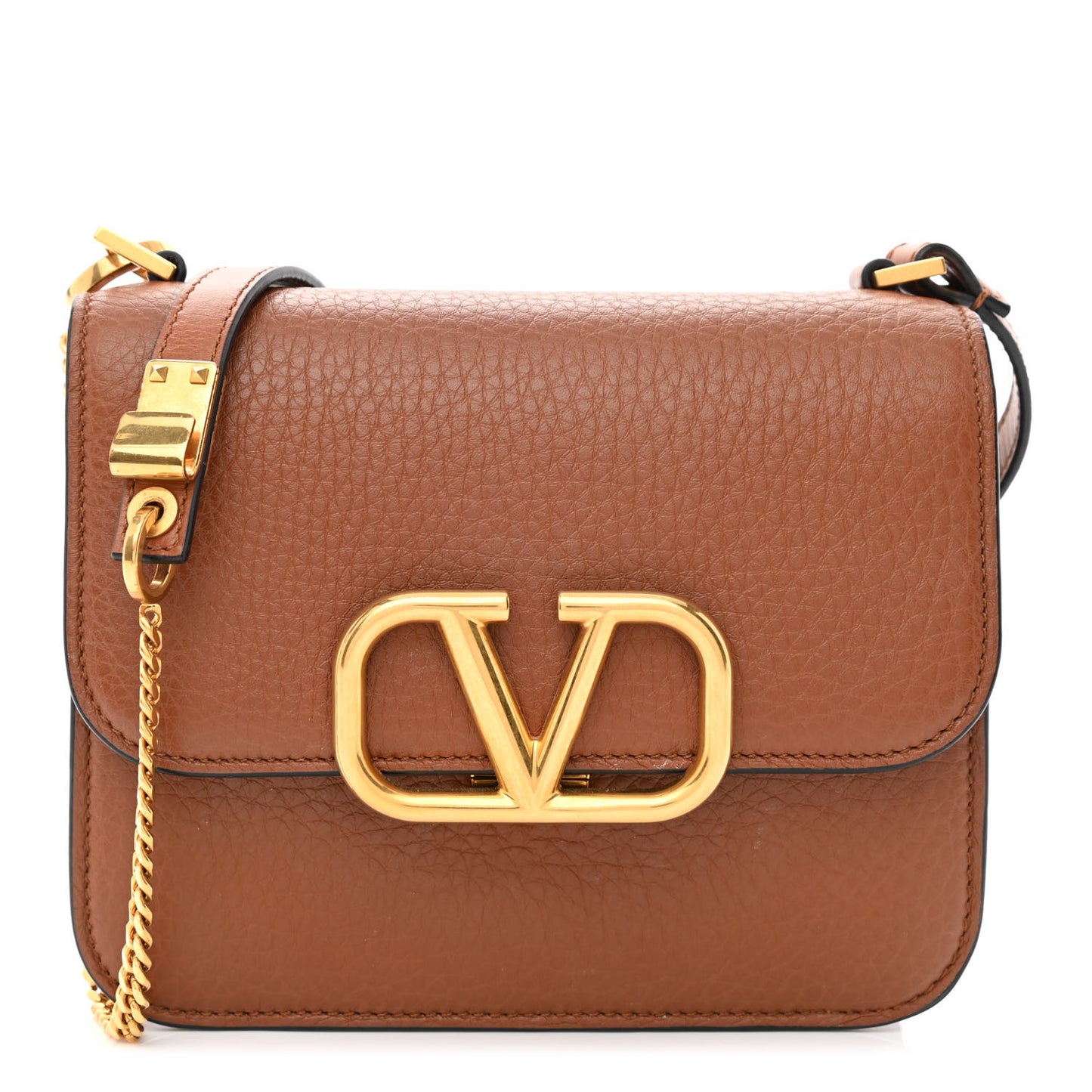 Grained Calfskin Small VSling Shoulder Bag Saddle Brown