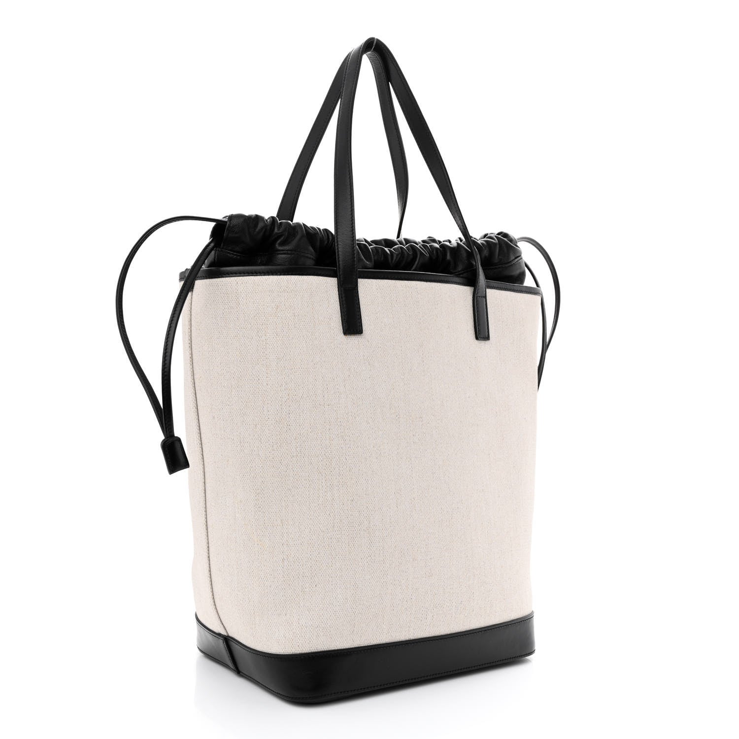 Saint Laurent Canvas Calfskin Teddy Drawstring Shopping Tote White Black 4 of 13