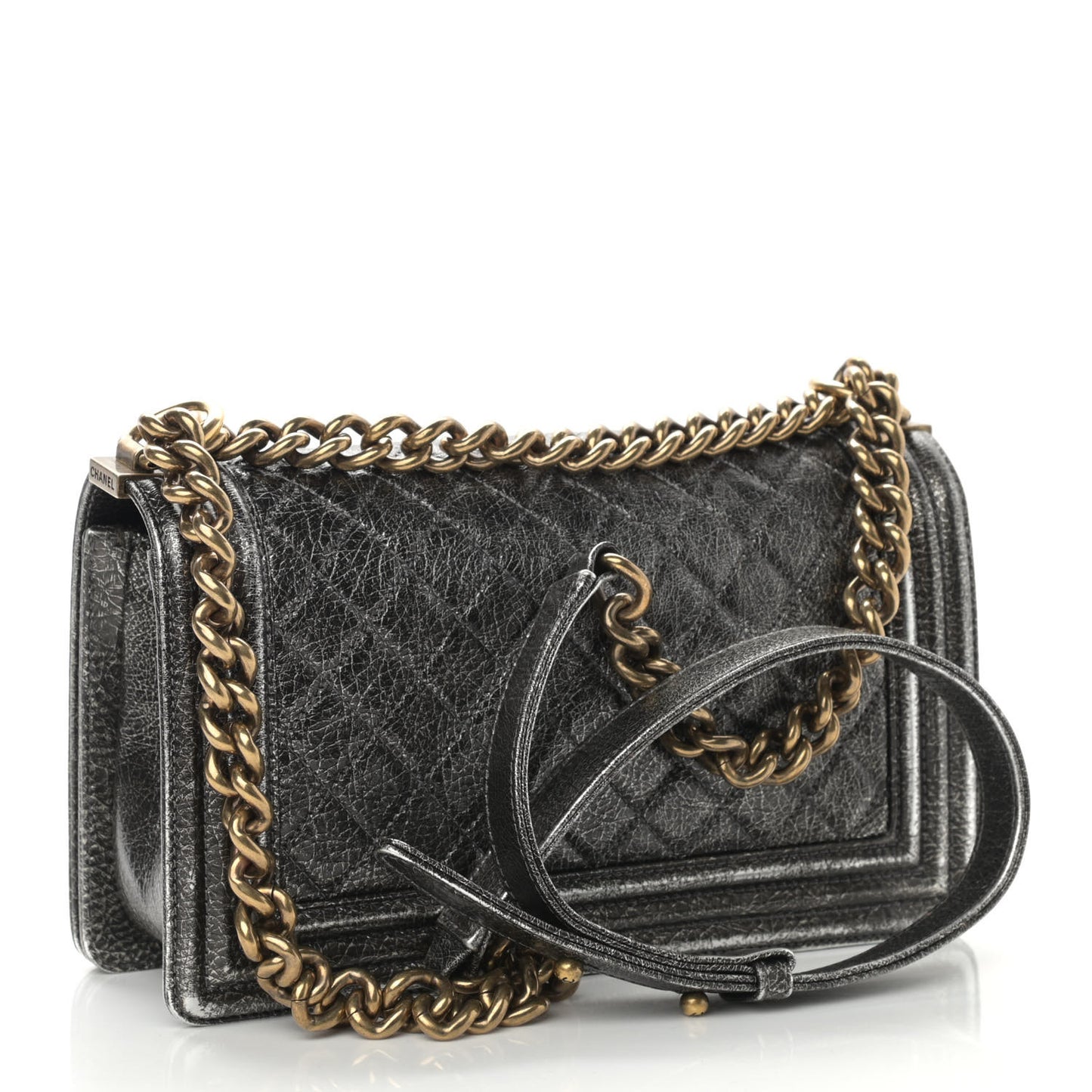 Cracked Metallic Calfskin Quilted Medium Boy Flap Dark Silver