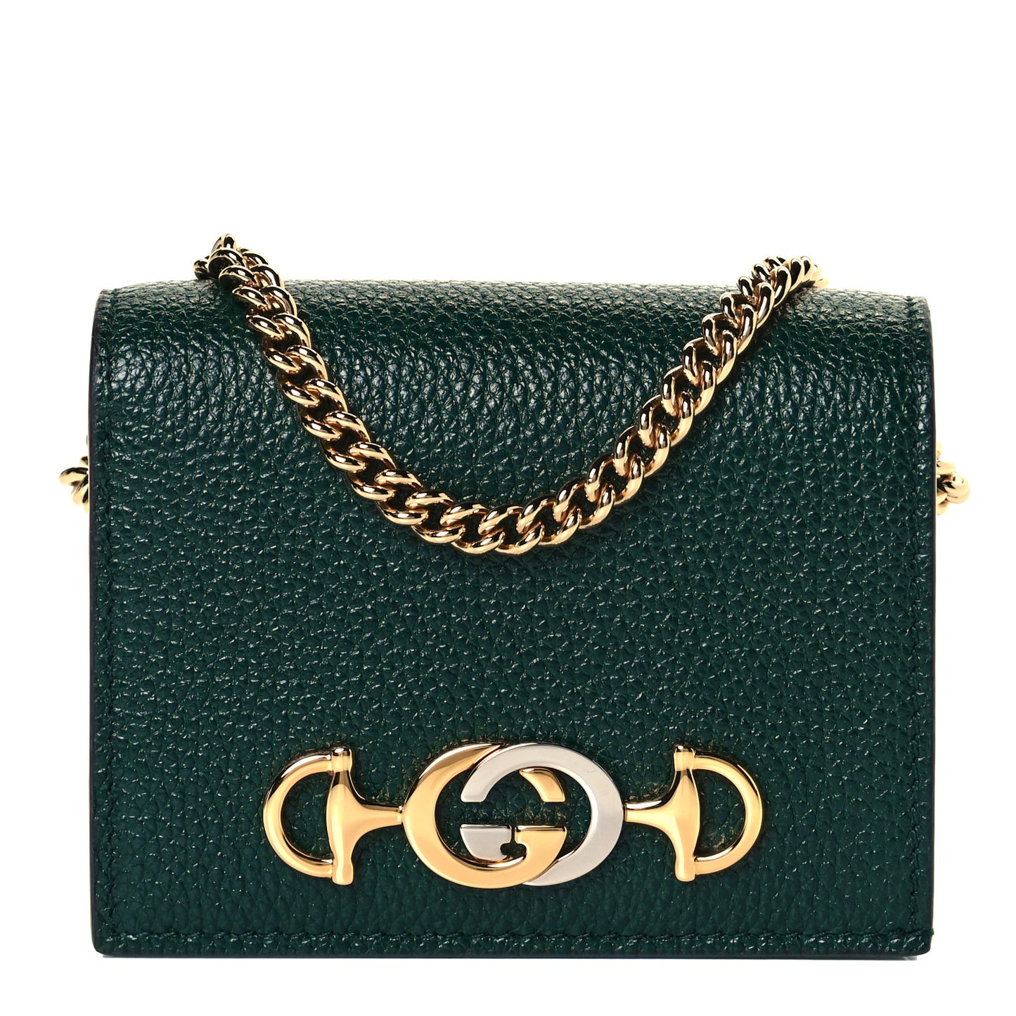 Grainy Calfskin Zumi Chain Card Case Wallet Vintage Green
