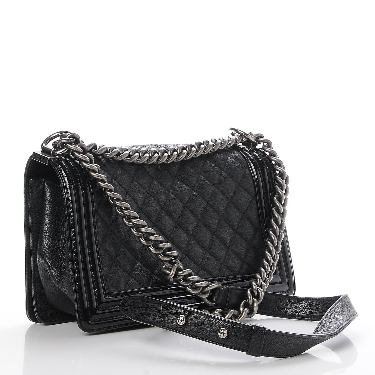Goatskin Quilted Patent Medium Duo Boy Flap Black
