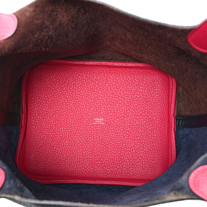 Hermes Taurillon Clemence Casaque Picotin Lock 22 MM Bleu Nuit Framboise Rouge Sellier 8 of 11