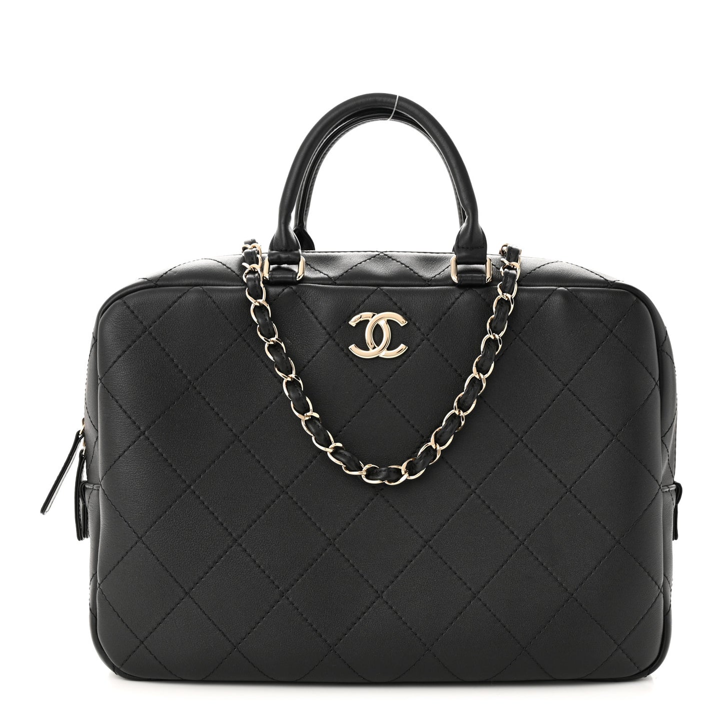 Calfskin Diamond Stitched Top Handle Bowling Bag Black