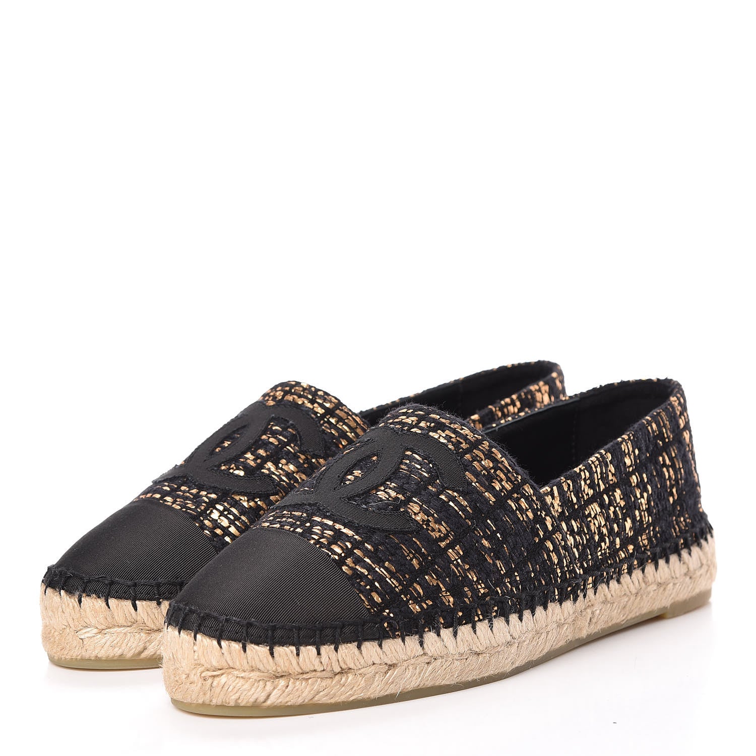 Chanel Metallic Tweed Grosgrain CC Espadrilles 37 Black Gold 3 of 10