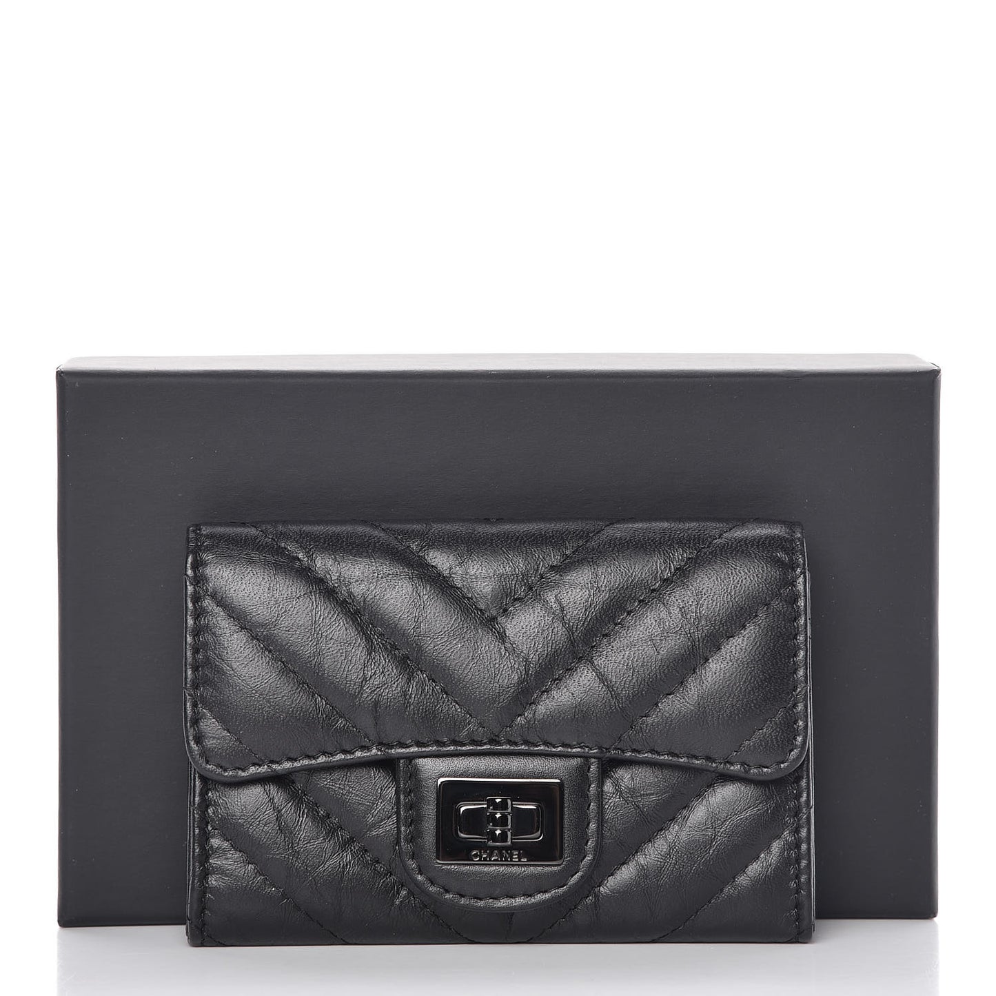 Aged Calfskin Chevron Quilted Reissue Card Holder Wallet So Black