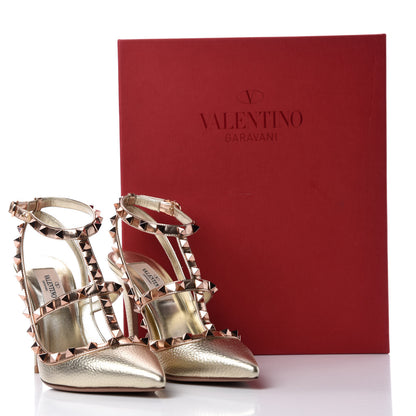 Valentino Garavani Metallic Pebbled Calfskin Rockstud Ankle Strap 100mm Pumps 36 Rame Sahara 10 of 10