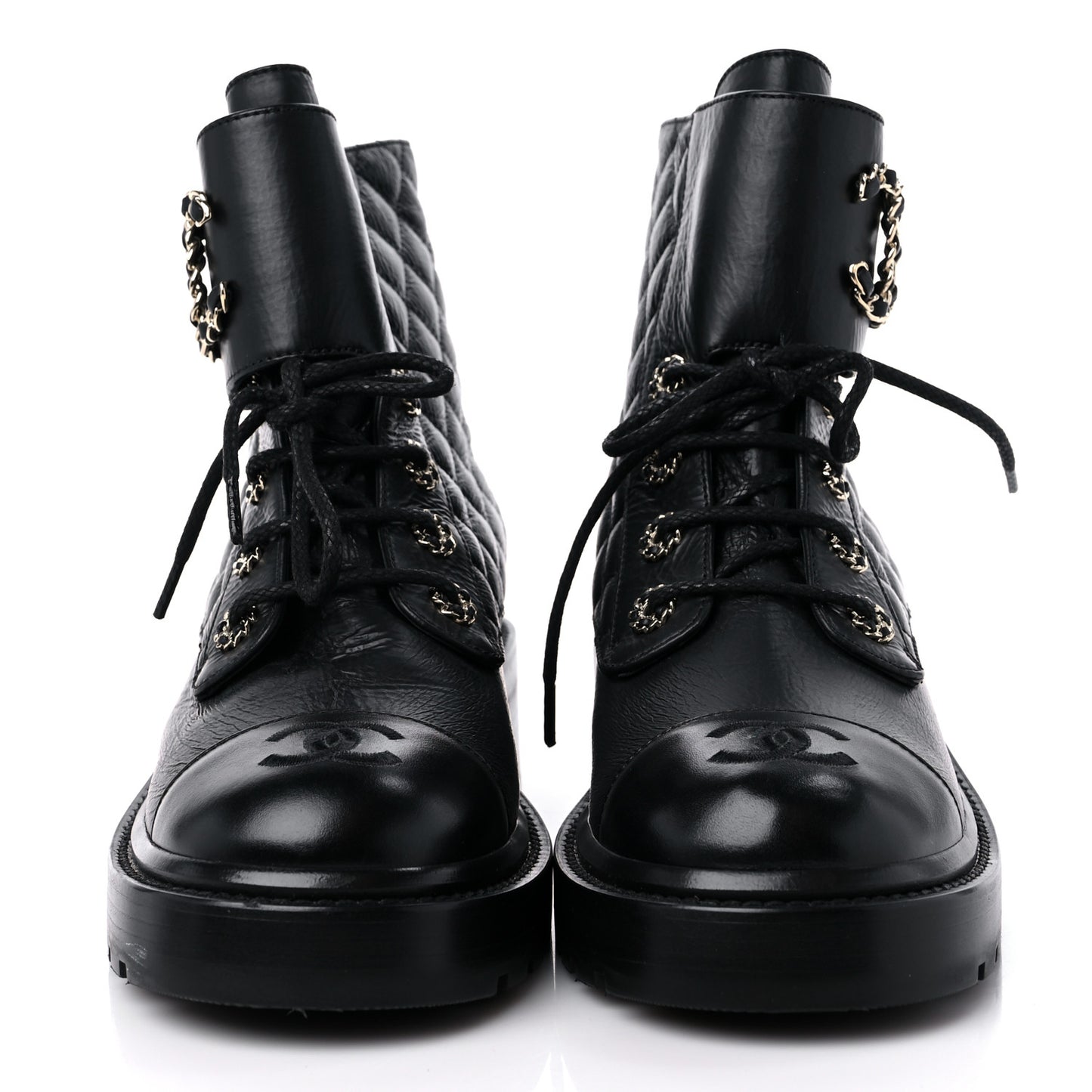 Shiny Lambskin Quilted Lace Up Combat Boots 38 Black