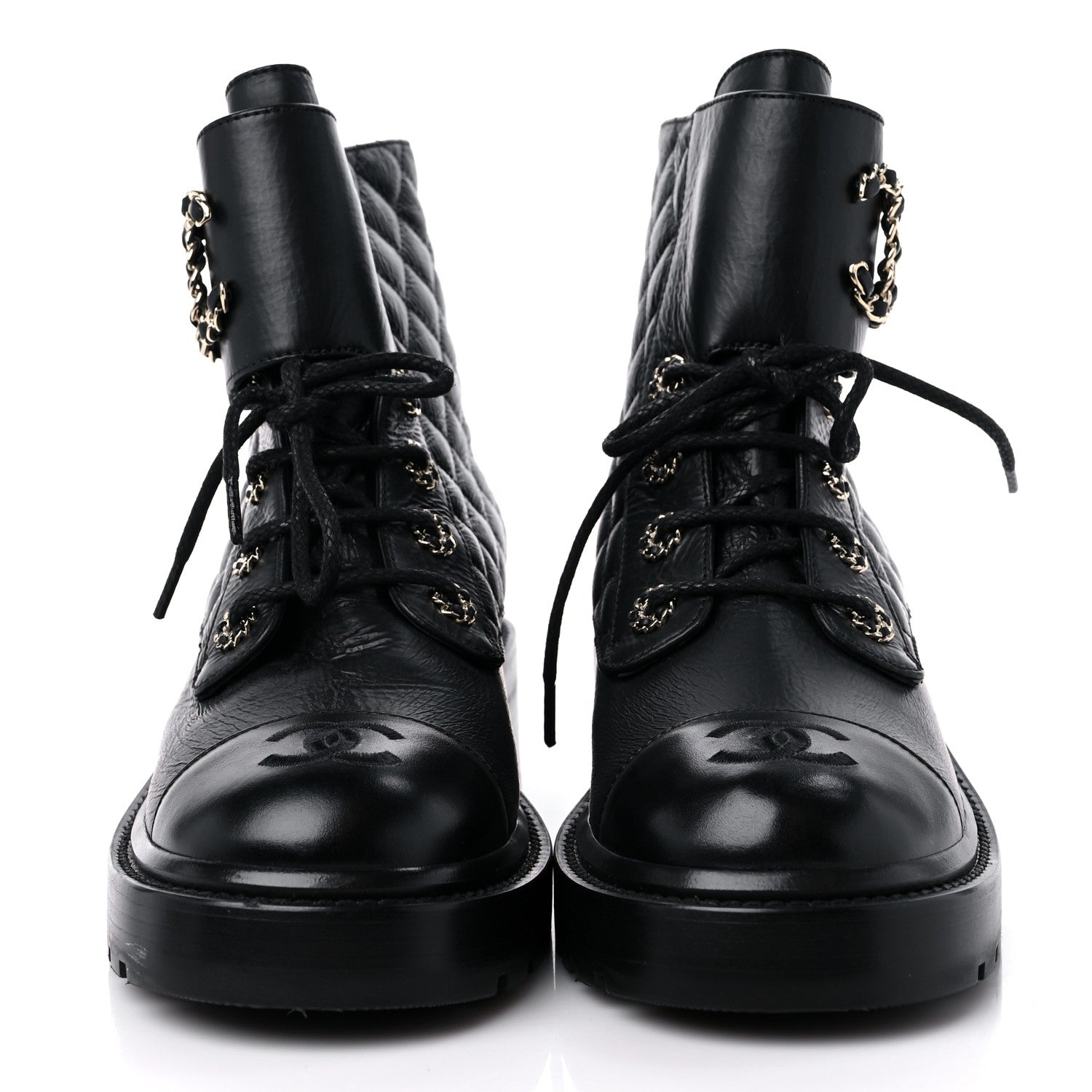 Chanel Shiny Lambskin Quilted Lace Up Combat Boots 38 Black 2 of 8