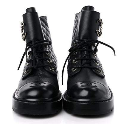 Chanel Shiny Lambskin Quilted Lace Up Combat Boots 38 Black 2 of 8