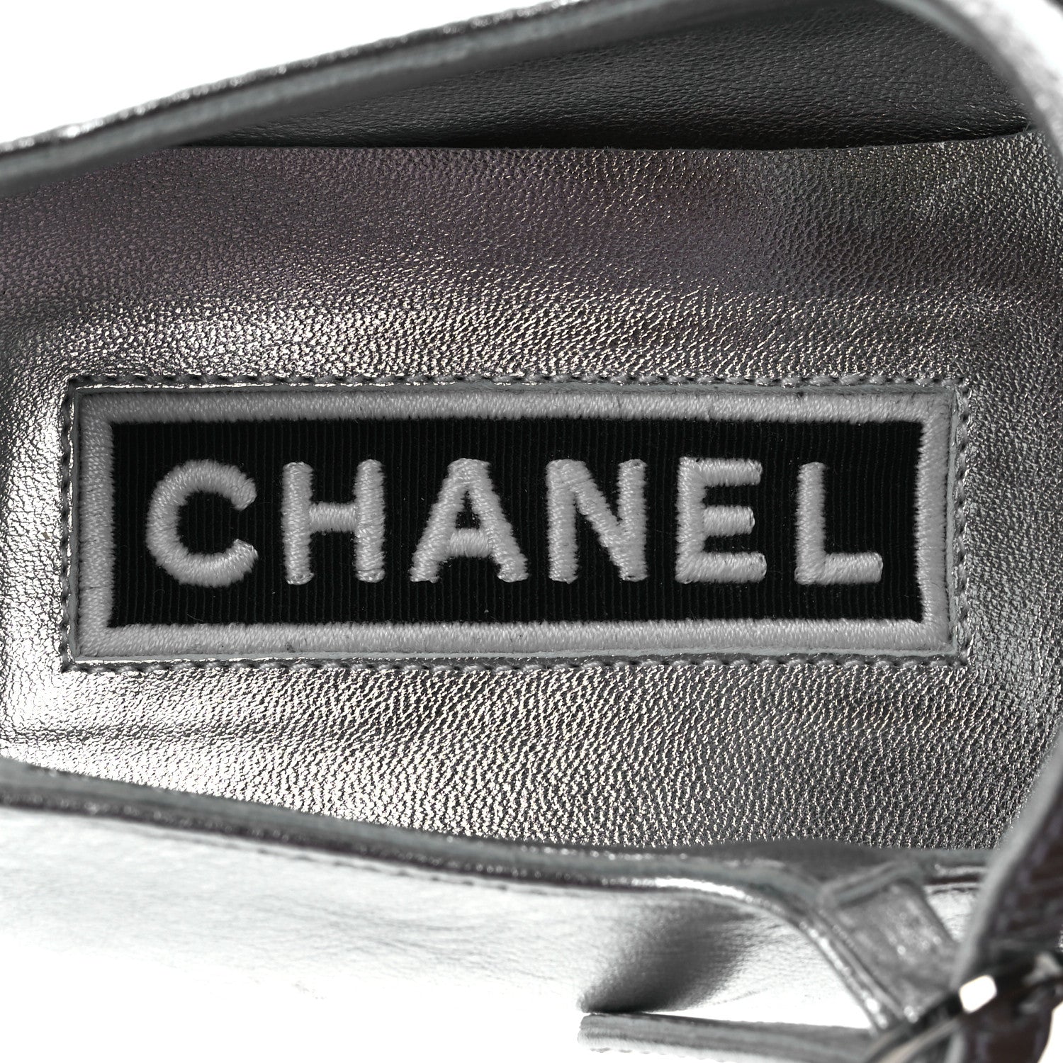 Chanel Laminated Calfskin Grosgrain Mary Janes Flats 36.5 Silver Black 9 of 11