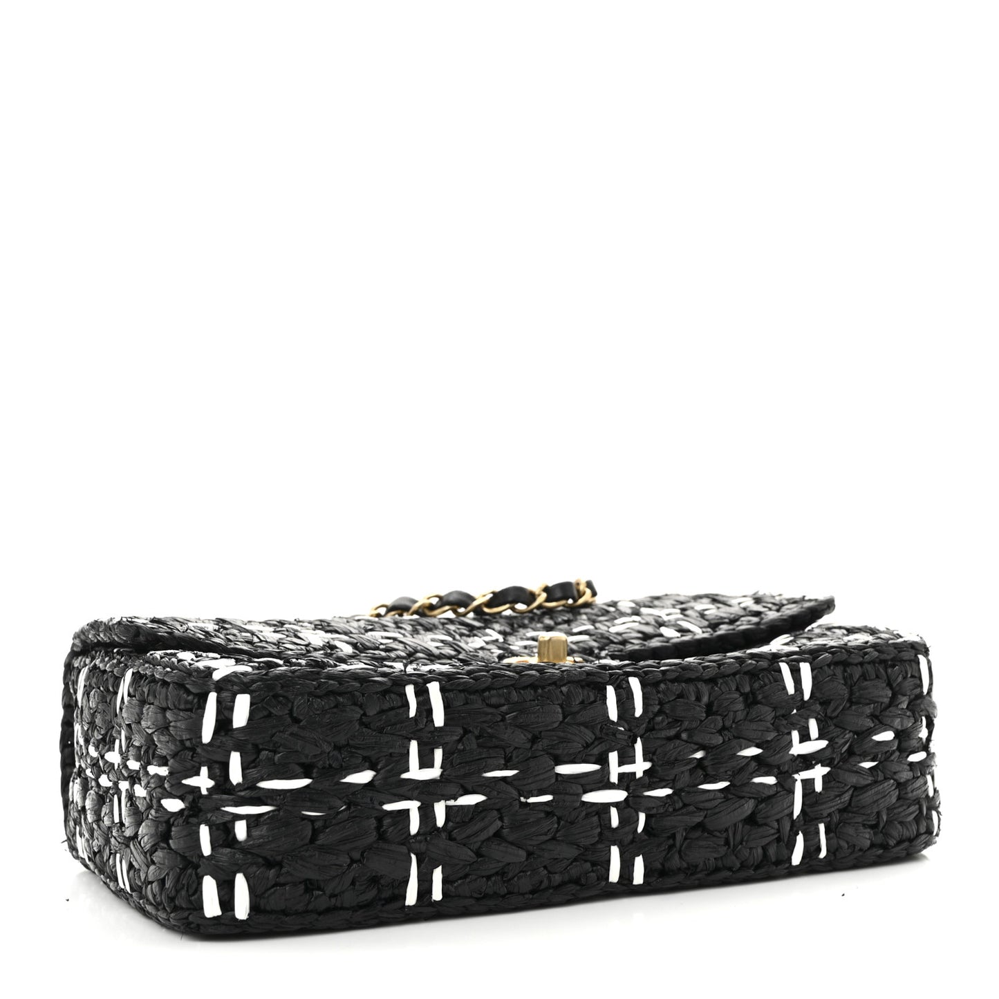 Raffia Effect Medium Tweedy Flap Bag Black White