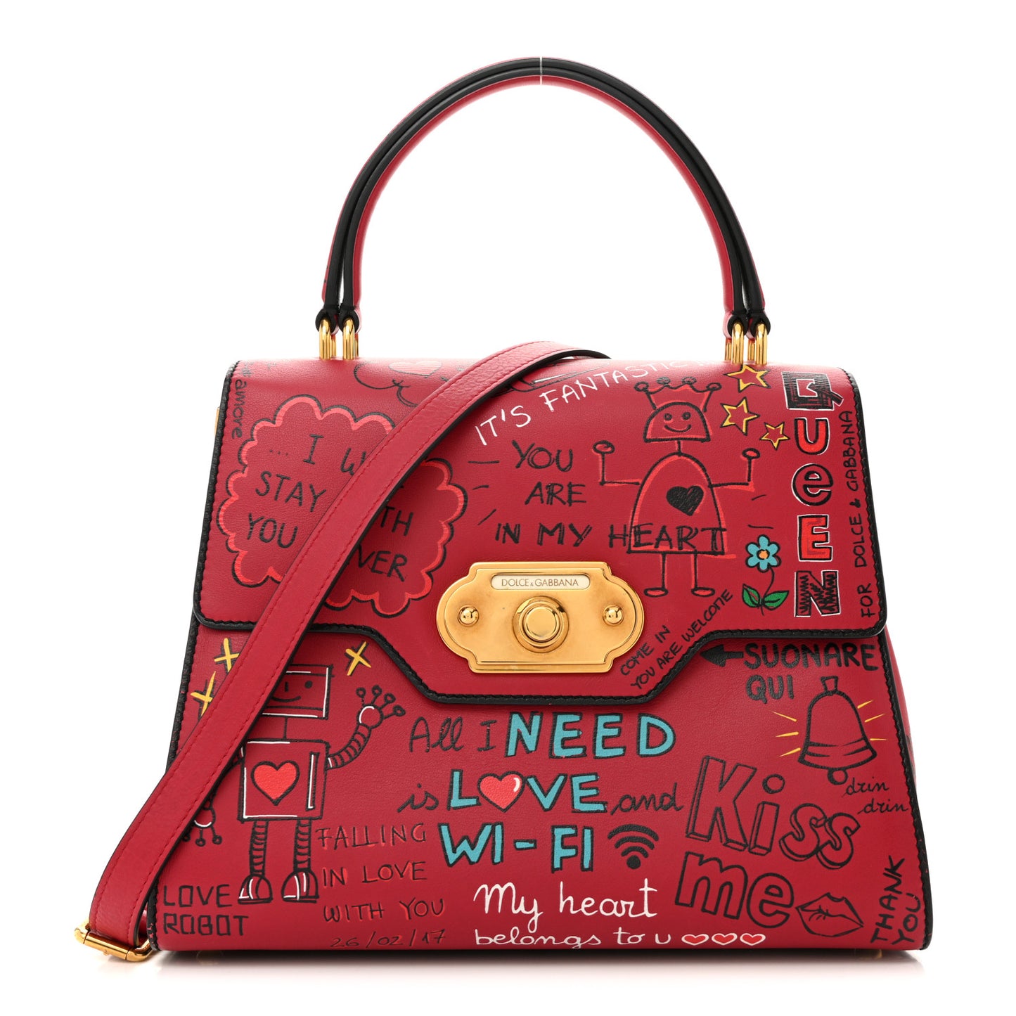 Calfskin Medium Graffiti Printed Welcome Satchel Rosso Multicolor