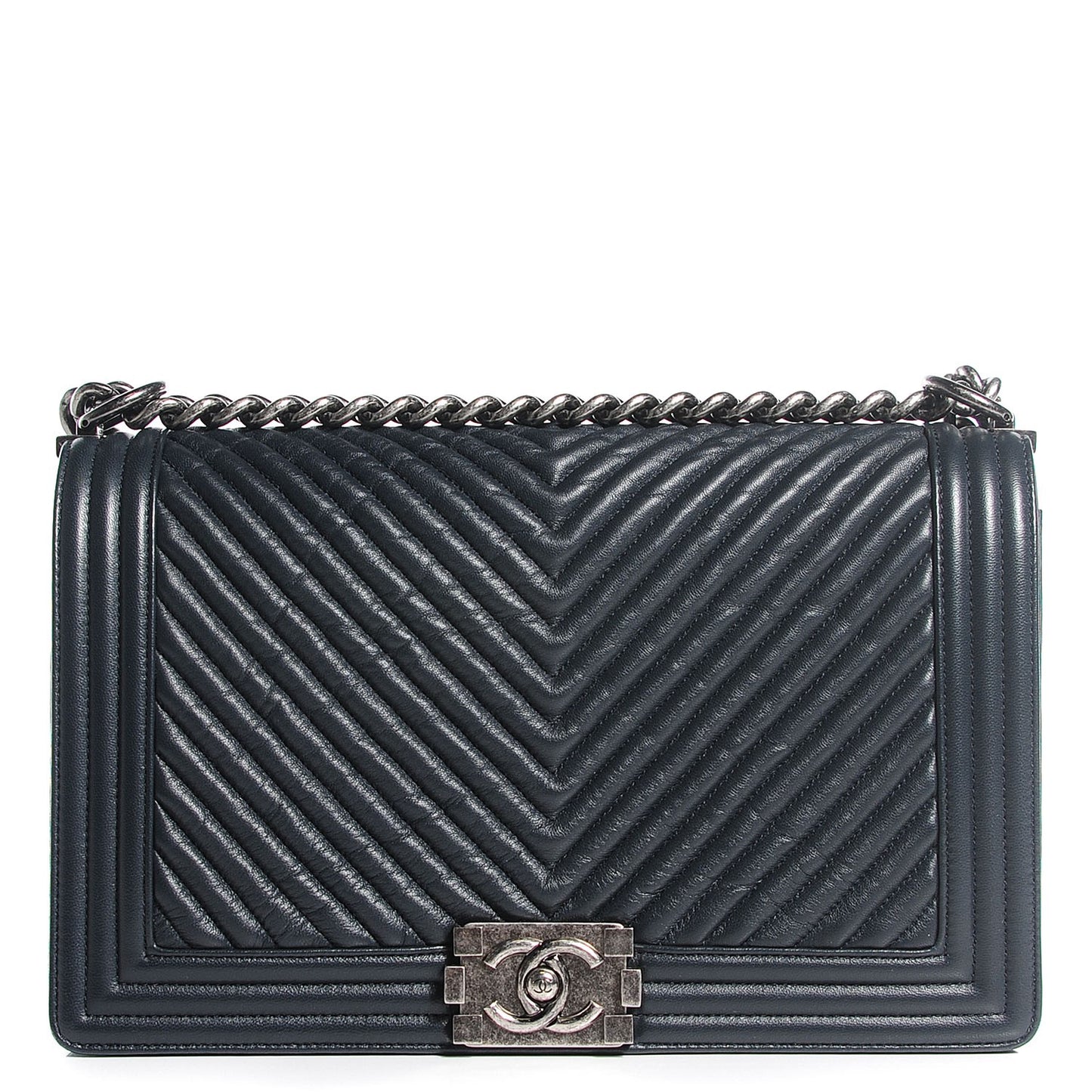 Wrinkled Lambskin Chevron New Medium Boy Flap Navy