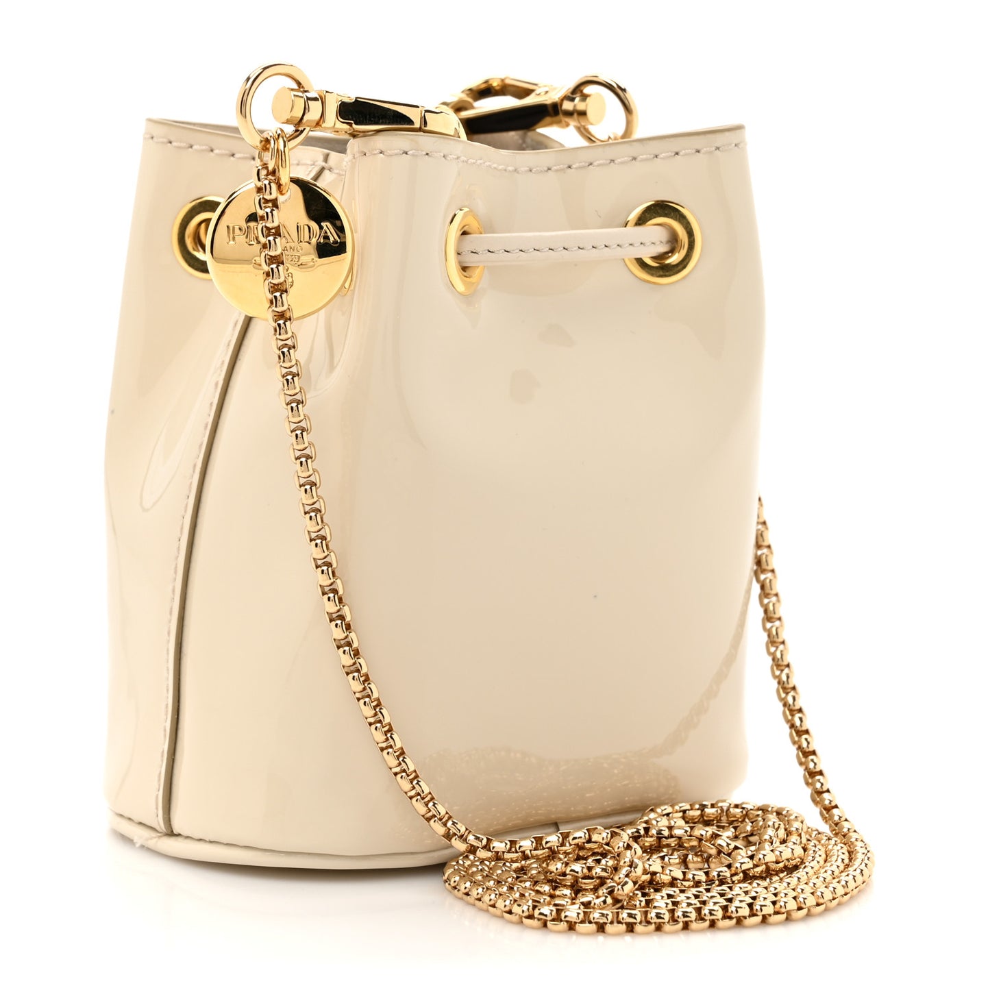 Vernice Metal Triangle Logo Mini Drawcord Pouch Shoulder Bag Avorio