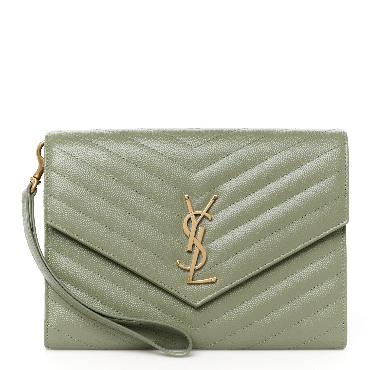 Saint Laurent Grain De Poudre Matelasse Chevron Monogram Envelope Clutch Light Sage 1 of 11