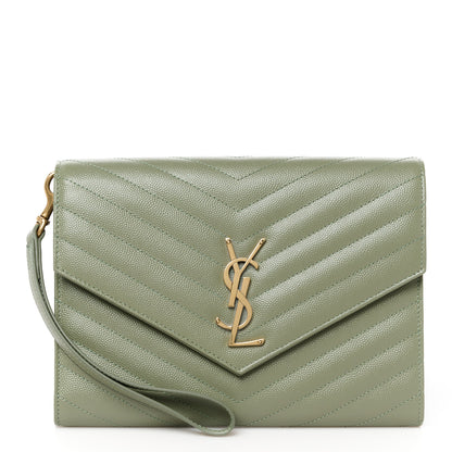 Saint Laurent Grain De Poudre Matelasse Chevron Monogram Envelope Clutch Light Sage 1 of 11