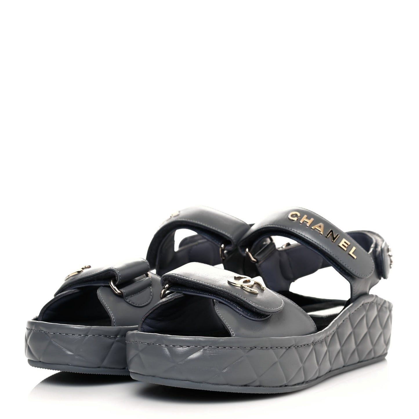 Shiny Calfskin Logo Platform Sandals 38 Grey