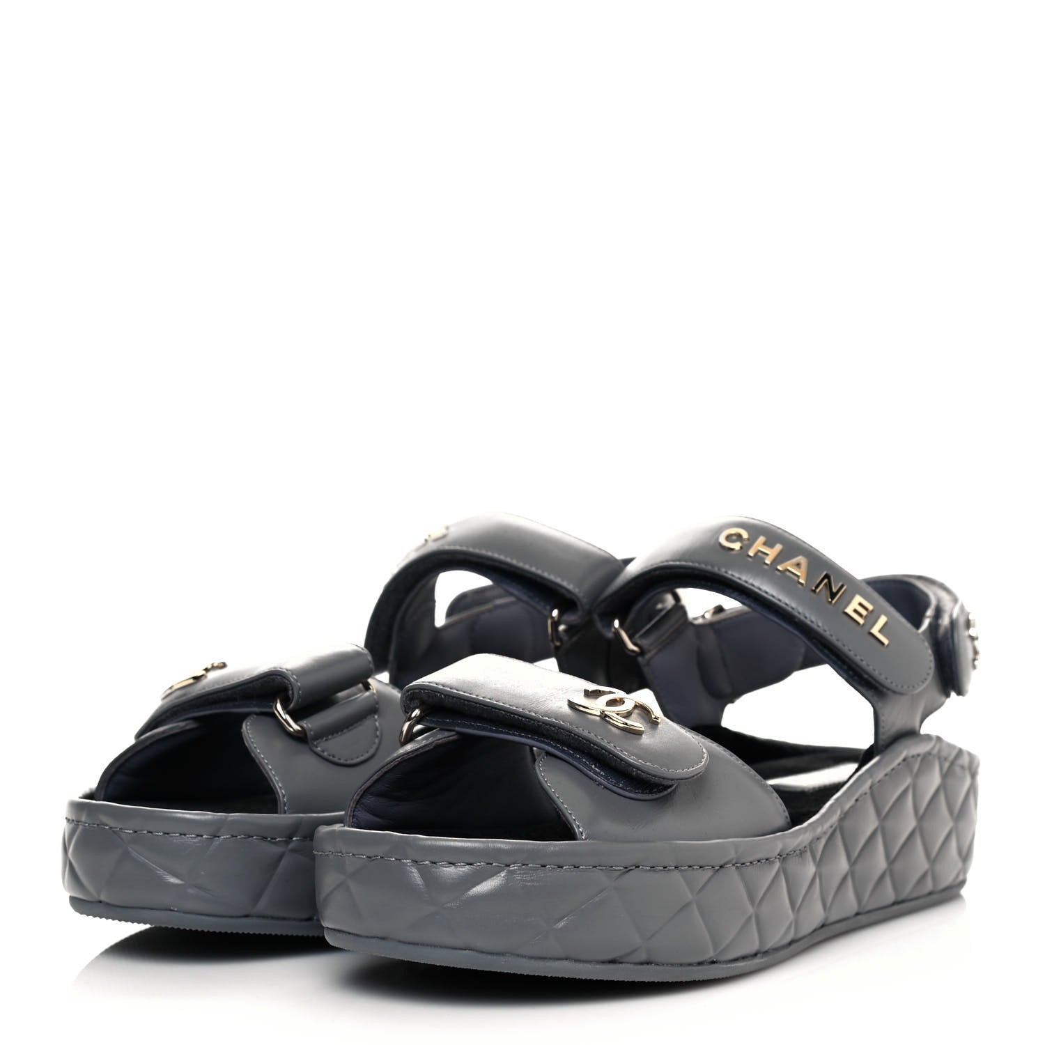 Chanel Shiny Calfskin Logo Platform Sandals 38 Grey 3 of 11