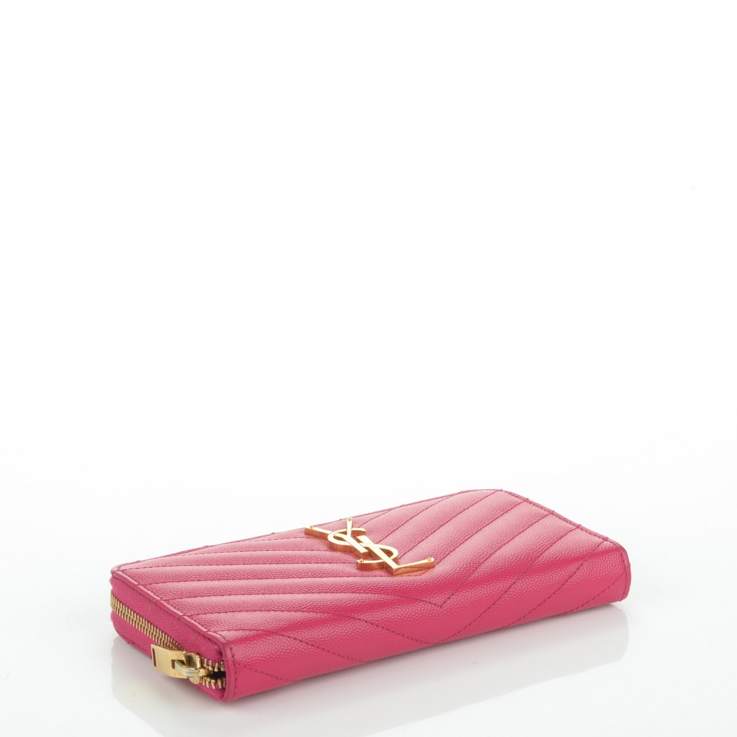 Saint Laurent Grain De Poudre Matelasse Chevron Monogram Zip Around Wallet Fuchsia 4 of 7