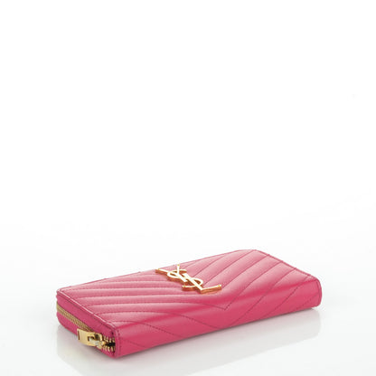 Saint Laurent Grain De Poudre Matelasse Chevron Monogram Zip Around Wallet Fuchsia 4 of 7