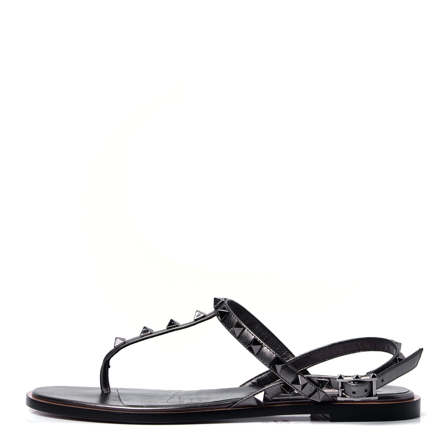 Valentino Garavani Metallic Nappa Rockstud T-Strap Slingback Flat Sandals 37 Rutenio 1 of 6