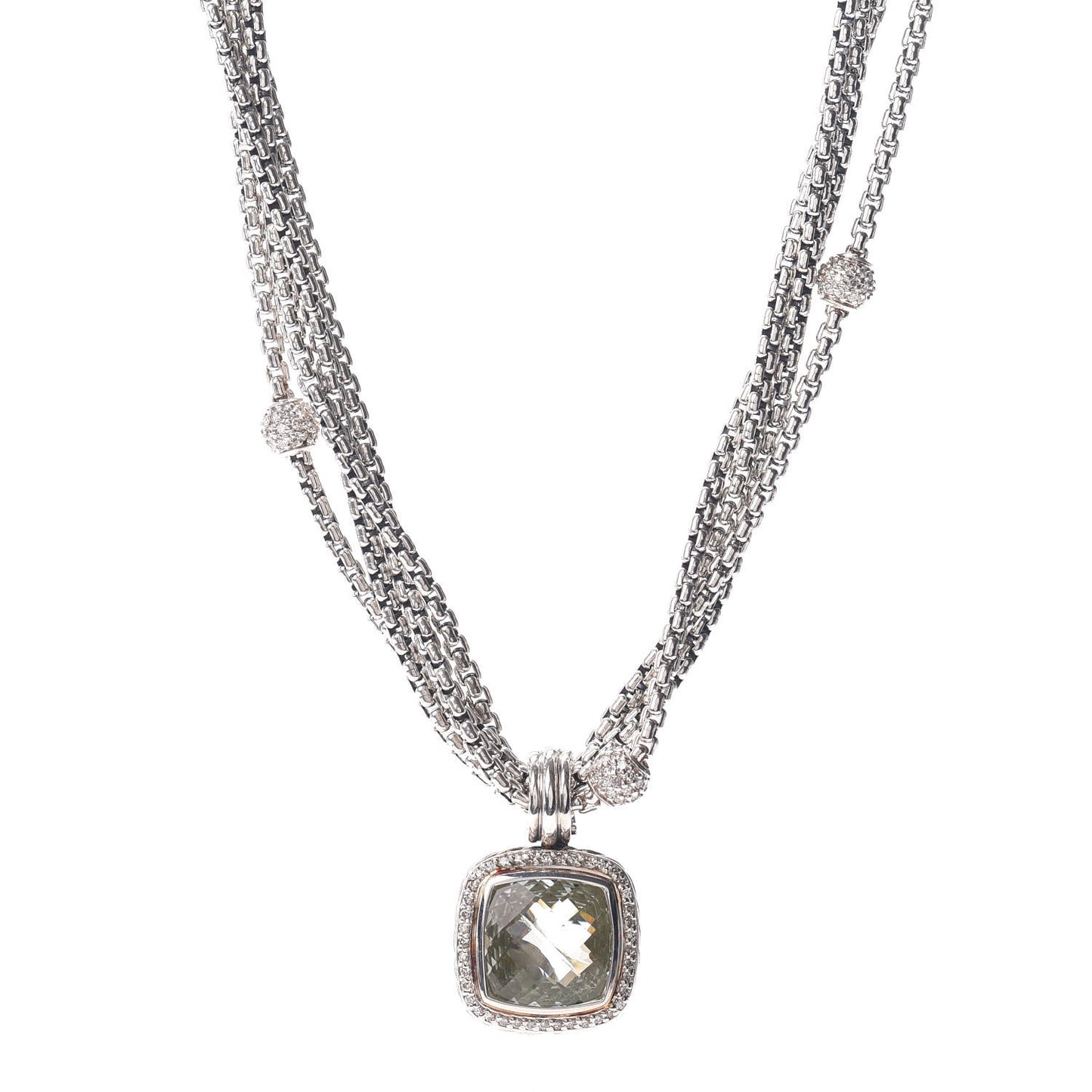 Sterling Silver Diamond Prasiolite Multi Strand 20mm Albion Pendant Necklace