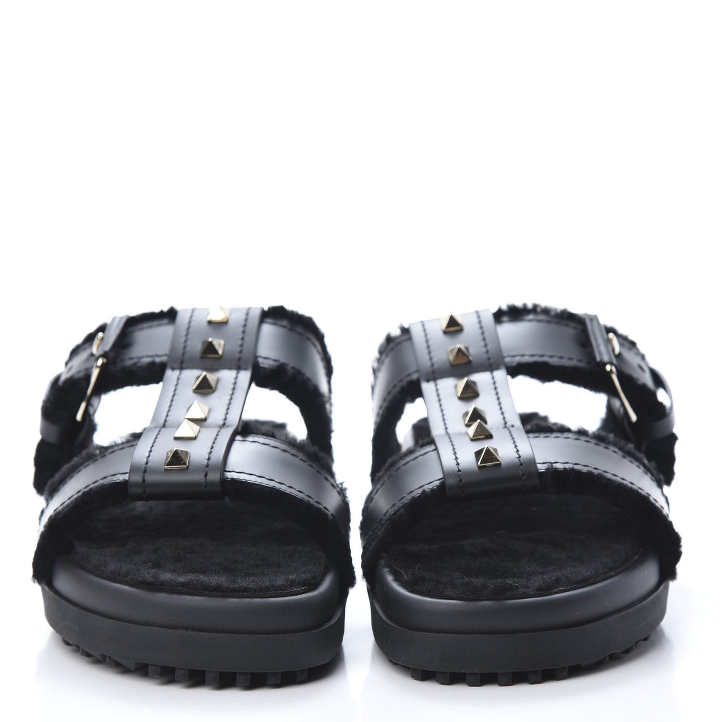 Shearling Rockstud Slide Sandals 38 Black