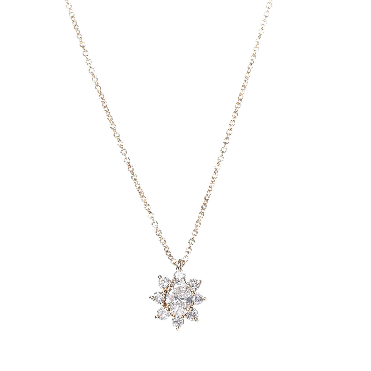 18K Yellow Gold Diamond Flower Cluster Pendant Necklace