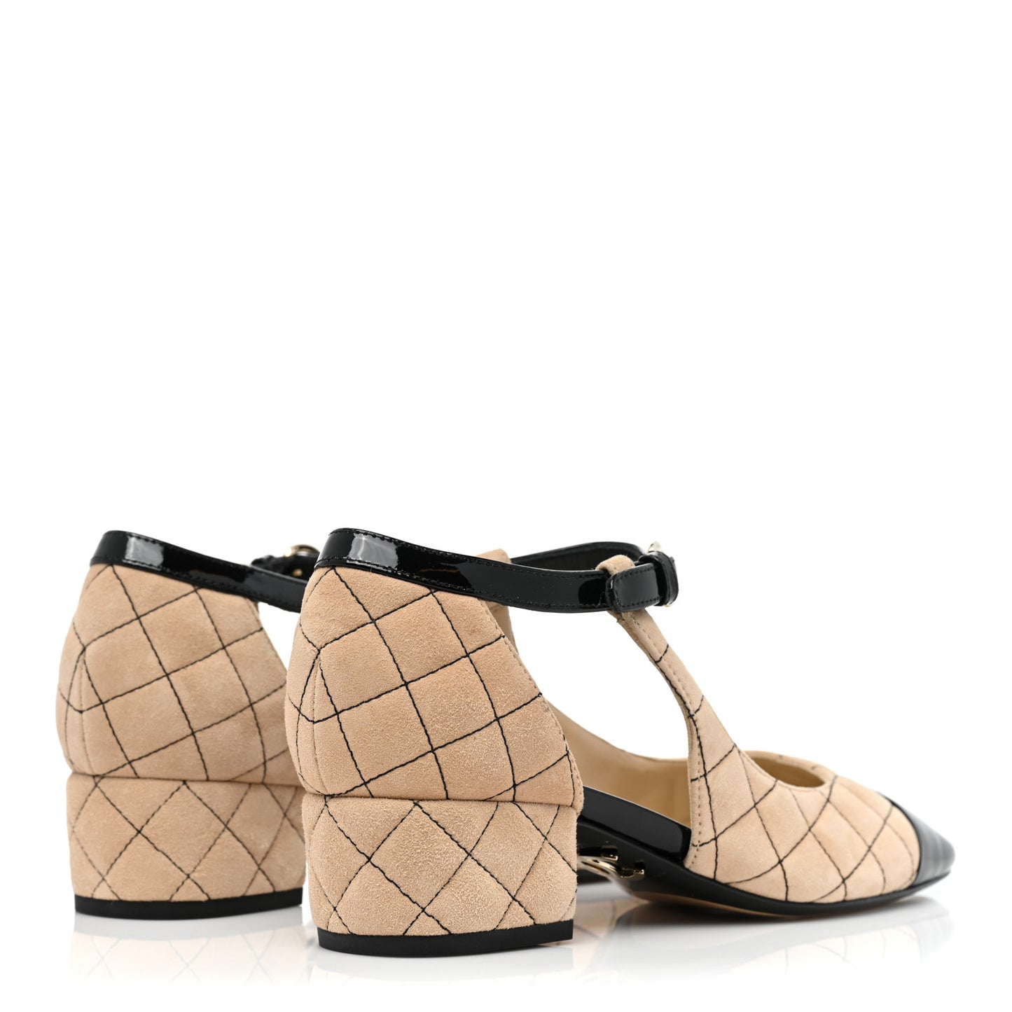 Suede Kidskin Patent Cap Toe Quilted Mary Jane Flats 36.5 Beige Black
