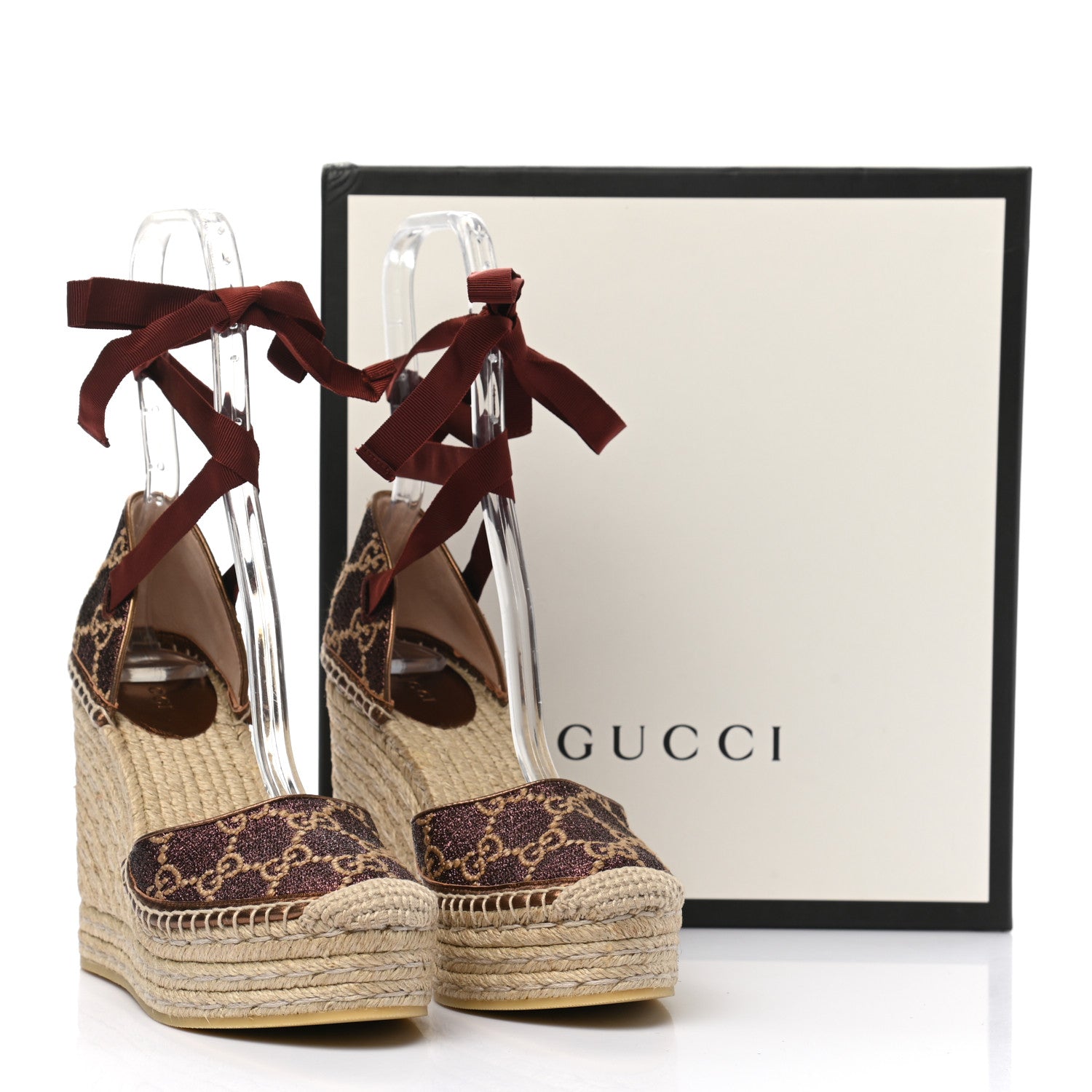 Gucci Lame GG Monogram Ankle Wrap Platform Espadrille Wedges 38 Beige Brown 10 of 10