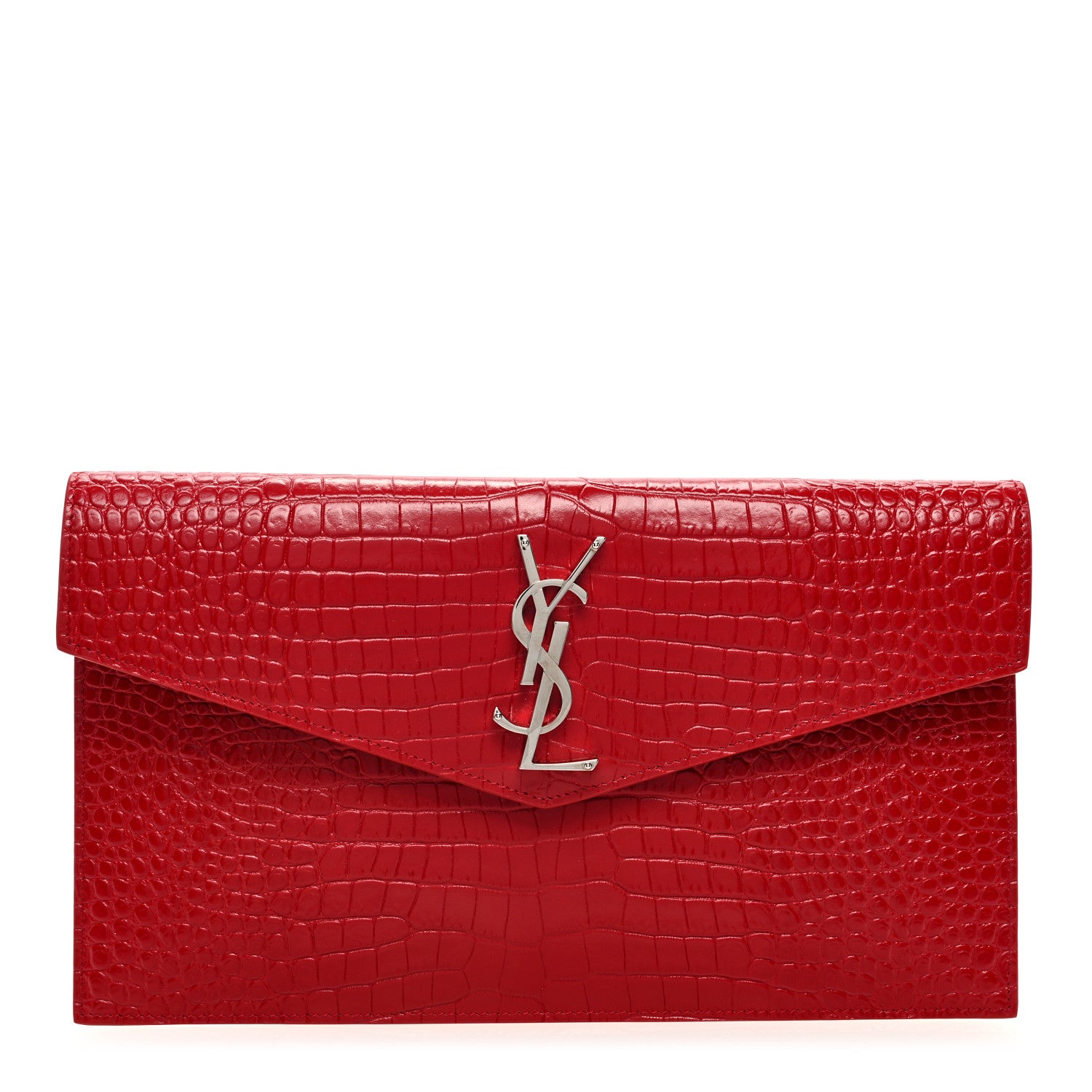 Saint Laurent Calfskin Crocodile Embossed Uptown Monogram Clutch Rouge Eros 1 of 6