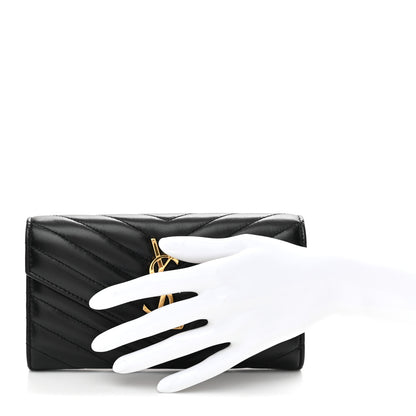 Saint Laurent Calfskin Matelasse Chevron Monogram Flap Wallet Black 2 of 7