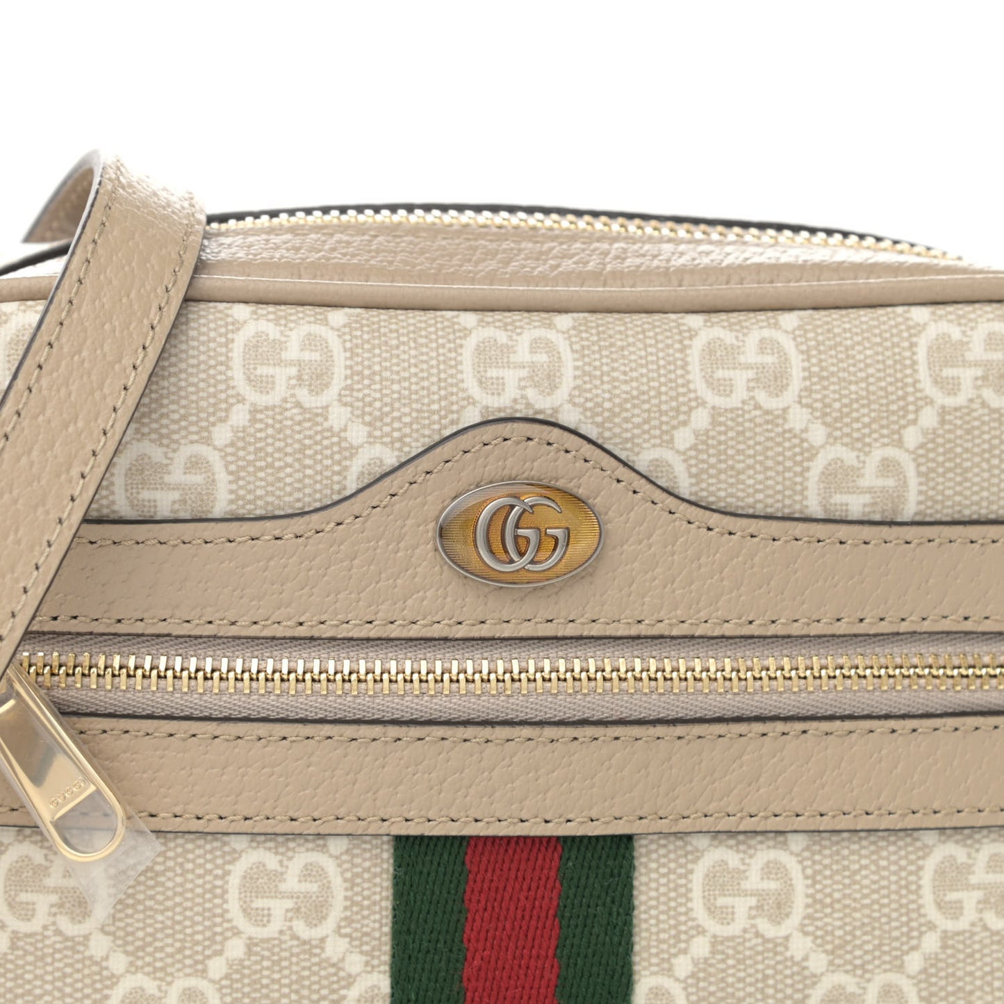GG Supreme Monogram Textured Calfskin Web Mini Ophidia Shoulder Bag Beige Mystic White Oatmeal