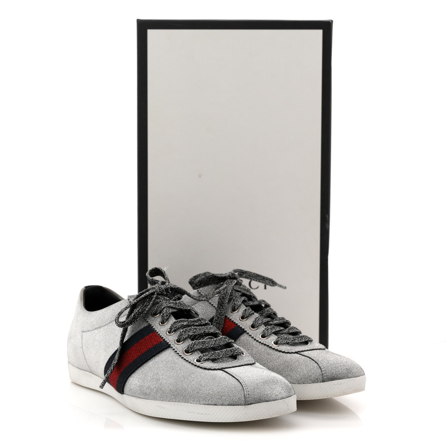 Gucci Glitter Fabric Studded Web Mens Sneakers 9 Silver 1850219